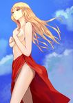  bad_id bad_pixiv_id blonde_hair breasts cloud covering covering_breasts day from_below green_eyes hidezi long_hair medium_breasts no_panties original red_sarong sarong solo topless 