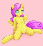  anthrofied blush cutie_mark cyan_eyes equine female fluttershy_(mlp) friendship_is_magic fur hair horse justpony kneeling long_hair mammal my_little_pony nude pegasus pink_hair plain_background pony pussy shaded sitting solo spread_legs spreading wings yellow_fur 