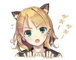  :o animal_ears aqua_eyes bad_id bad_pixiv_id blonde_hair blush cat_ears close-up extra_ears face fang flying_sweatdrops furukawa_itsuse hair_ornament hairclip kagamine_rin looking_at_viewer open_mouth sailor_collar short_hair simple_background solo translated vocaloid white_background 