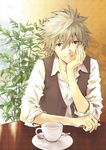  casual chin_rest cup grey_hair looking_at_viewer male_focus mc nagisa_kaworu neon_genesis_evangelion plant pov_across_table red_eyes smile solo table teacup vest 