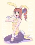  animal_ears blush brown_hair bunny_ears bunny_girl bunny_tail bunnysuit detached_collar green_eyes high_heels highres idolmaster idolmaster_(classic) looking_at_viewer oku_(okumen) open_mouth pantyhose seiza shoes short_hair sitting smile solo tail takatsuki_yayoi twintails wrist_cuffs 