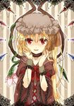  alternate_costume blonde_hair choker dress flandre_scarlet flower hands_on_own_face red_eyes shikitani_asuka smile solo touhou wings wrist_cuffs 