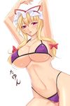  bikini blonde_hair blush bow breasts covered_nipples hair_bow highleg highleg_bikini highleg_swimsuit highres large_breasts long_hair navel purple_eyes ribbon shuugetsu_karasu solo swimsuit touhou yakumo_yukari 