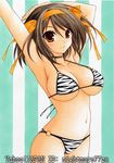  animal_print armpits arms_up artist_name bikini blush bow breasts brown_hair choker cleavage covered_nipples hair_bow hairband large_breasts looking_at_viewer navel nightmare77zx o-ring o-ring_bikini o-ring_bottom o-ring_top orange_eyes orange_hairband parted_lips short_hair sideboob smile solo suzumiya_haruhi suzumiya_haruhi_no_yuuutsu swimsuit traditional_media zebra_print 