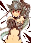  amazake_(c_kashi1010) armor boushi_sekai_a_little_world green_hair helmet janis_(boushi_sekai) long_hair navel ponytail red_eyes simple_background solo sword weapon white_background 