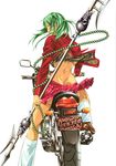  absurdres ass back beads butt_crack dimples_of_venus earrings from_behind green_eyes green_hair ground_vehicle highres holding holding_weapon ikkitousen jewelry kneehighs long_hair long_sleeves looking_at_viewer looking_back miniskirt motor_vehicle motorcycle no_panties official_art plaid polearm prayer_beads riding ryofu_housen scan school_uniform shiny shiny_hair shiny_skin shiozaki_yuji simple_background skirt solo spear twintails weapon white_background 