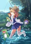  absurdres blonde_hair character_doll fishing_rod frog highres long_sleeves looking_at_viewer moriya_suwako no_shoes nomi_mochigome open_mouth running shirt skirt smile solo tears thighhighs touhou water white_legwear wide_sleeves yasaka_kanako yellow_eyes 