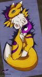  bed big_breasts blue_eyes breasts canine chest_tuft digimon elti7 female fox fur gloves looking_at_viewer mammal nipples nude pussy renamon solo spreading tuft 