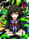  1girl asymmetrical_wings black_hair commentary_request crossed_arms dress fangs fingernails gradient_background haru-kun highres houjuu_nue light_trail looking_at_viewer messy_hair open_mouth red_eyes ribbon short_hair slit_pupils snake solo tongue touhou wings wrist_cuffs 