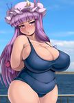  arms_behind_back astraea13 breasts cleavage curvy fat hat huge_breasts impossible_clothes impossible_swimsuit long_hair one-piece_swimsuit patchouli_knowledge purple_hair school_swimsuit solo swimsuit touhou 