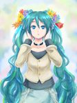  aqua_eyes aqua_hair character_name choker flower hair_flower hair_ornament hatsune_miku highres long_hair oonishi_shunsuke solo twintails very_long_hair vocaloid 