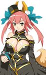  animal_ears bare_shoulders bow breasts cleavage detached_sleeves fate/extra fate/extra_ccc fate_(series) fox_ears fox_tail hair_bow hair_ribbon hat highres japanese_clothes large_breasts m-eiji mini_hat mini_top_hat pink_hair ribbon solo tail tamamo_(fate)_(all) tamamo_no_mae_(fate) thighhighs top_hat twintails yellow_eyes 