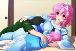  2girls artist_self-insert bad_id bad_pixiv_id banned_artist black_hair cameo child commentary_request family hat ko-yuyuko mother_and_daughter multiple_girls open_mouth pink_hair red_eyes saigyouji_yuyuko shin'en-san shin'en_(gyokuro_company) short_hair touhou triangular_headpiece 