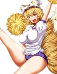  alternate_costume arm_up blonde_hair blush breasts buruma cheerleader fox_tail gym_uniform hat highres impossible_clothes impossible_shirt large_breasts leg_up legs looking_at_viewer multiple_tails one_eye_closed open_mouth pom_poms puffy_short_sleeves puffy_sleeves shirt short_hair short_shorts short_sleeves shorts simple_background solo tail thighs touhou white_background yakumo_ran yellow_eyes zan_(harukahime) 