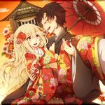  1girl :d blonde_hair blush brown_hair building carrying floral_print flower hair_ornament japanese_clothes kagerou_project kimono kozakura_marry long_hair open_mouth oriental_umbrella outdoors parasol princess_carry red_eyes seto_kousuke shigure_kio short_hair shrine smile umbrella upper_body 