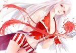 blood breasts claw_(weapon) cleavage genderswap genderswap_(mtf) heather37 highres league_of_legends long_hair medium_breasts midriff navel red_eyes shorts smile solo vladimir weapon white_background white_hair 