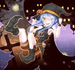  armpits blue_hair cross halloween hat highres jack-o'-lantern one_eye_closed open_mouth original shintani_tsushiya smile solo striped yellow_eyes 