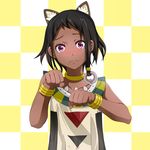  animal_ears bad_id bad_pixiv_id black_hair blush bracelet cat_ears checkered checkered_background choi_mochimazzui choker collarbone dark_skin dress embarrassed frown hair_ornament jewelry kemonomimi_mode looking_at_viewer miro_(katsushikashibamata) paw_pose purple_eyes short_hair sleeveless solo tamako_market tears 