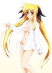  blonde_hair blush bottomless breasts cleavage diesel-turbo dress_shirt fate_testarossa long_hair long_sleeves lyrical_nanoha mahou_shoujo_lyrical_nanoha_strikers medium_breasts naked_shirt navel no_bra open_clothes open_shirt red_eyes shirt smile solo twintails unbuttoned very_long_hair 