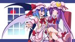  :d bat_wings bloomers blue_hair blush boots breasts chair cleavage crescent eichi_yuu fang hat hat_ribbon large_breasts long_hair looking_at_viewer multiple_girls open_mouth outstretched_hand patchouli_knowledge pointy_ears purple_eyes purple_hair red_eyes remilia_scarlet ribbon short_hair sitting sitting_on_lap sitting_on_person smile touhou underwear wings 