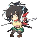  :&lt; asuka_(senran_kagura) black_hair black_legwear breasts brown_eyes chibi closed_mouth dual_wielding full_body holding large_breasts ninja plaid plaid_skirt rikumaru senran_kagura senran_kagura_shoujo-tachi_no_shin'ei shoes skirt sweater_vest sword thighhighs transparent_background v-shaped_eyebrows weapon 