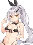  1girl :q bangs bare_shoulders bikini black_bikini black_bow black_neckwear black_ribbon bow bowtie breasts cleavage collarbone commentary eyebrows_visible_through_hair five-seven_(girls_frontline) girls_frontline hair_ribbon head_tilt highres long_hair looking_at_viewer medium_breasts multi-strapped_bikini navel ribbon rikoma side_ponytail silver_hair simple_background skindentation solo stomach string_bikini swimsuit tongue tongue_out underboob upper_body v very_long_hair white_background yellow_eyes 