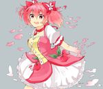  artist_name bad_id bad_pixiv_id bow cherry choker dissolving dress flower food fruit grey_background hair_bow hair_flower hair_ornament kaname_madoka mahou_shoujo_madoka_magica ohina open_mouth petals pink_eyes pink_hair smile solo soul_gem twintails 