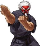  dougi facial_hair fighting_stance goatee highres male_focus mask mr_karate muscle mustache official_art ogura_eisuke ryuuko_no_ken solo takuma_sakazaki tengu_mask the_king_of_fighters the_king_of_fighters_xiii transparent_background white_hair 