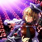  blonde_hair crescent frills fuuna_(conclusion) hat highres holding instrument long_sleeves lunasa_prismriver music musical_note open_mouth short_hair skirt solo touhou violin yellow_eyes 
