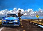  car clothing cloud clouds male mammal racoonwolf road scenery solo wolf 