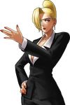  bangs blonde_hair blue_eyes breasts cleavage earrings eyepatch formal hair_over_one_eye hair_up hand_on_hip highres jewelry large_breasts mature_(kof) nail_polish no_bra official_art ogura_eisuke pant_suit short_hair slender_waist solo suit the_king_of_fighters the_king_of_fighters_xiii transparent_background 