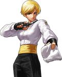  blonde_hair blue_eyes bow bowtie breasts fingerless_gloves gloves handkerchief highres king_(snk) large_breasts official_art ogura_eisuke outstretched_hand ryuuko_no_ken sash shirt short_hair smile solo the_king_of_fighters the_king_of_fighters_xiii transparent_background 