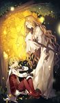  1girl blonde_hair braid closed_eyes dress flower highres hijiri_(resetter) long_hair pixiv_fantasia pixiv_fantasia_new_world red_eyes short_hair sitting staff standing tree 