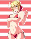  ahoge ass_visible_through_thighs bad_id bad_pixiv_id bikini blonde_hair blush bow breasts covered_nipples fate/extra fate_(series) green_eyes groin hair_bow highres horizontal-striped_background kichihachi large_breasts navel nero_claudius_(fate) nero_claudius_(fate)_(all) side-tie_bikini solo striped striped_background swimsuit 