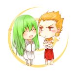  armlet blonde_hair bracelet crossed_arms earrings enkidu_(fate/strange_fake) fate/strange_fake fate/zero fate_(series) frown gilgamesh green_hair jewelry long_hair masara_(acgarts) multiple_boys necklace red_eyes toga 