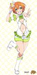  armband boots bow bowtie breast_cutout circle_name flower full_body green_bow green_eyes green_neckwear grin hair_flower hair_ornament headset hoshizora_rin love_live! love_live!_school_idol_project midriff mizuki_makoto navel navel_cutout orange_hair short_hair shorts smile solo standing standing_on_one_leg v wristband 