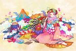  24_(24phage) bow brown_hair clouds fan flowers japanese_clothes kimono original 