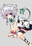  animal_ears blue_eyes bow braid cat_ears cat_tail garters ichiru_(yuzu-an) izayoi_sakuya kemonomimi_mode leg_ribbon looking_at_viewer maid maid_headdress ribbon shirt short_hair silver_hair skirt skirt_set solo tail tail_ribbon touhou twin_braids wrist_cuffs 