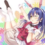  ;d animal_ears ankle_boots argyle blue_hair blush boots bow bowtie bunny_ears checkered earrings fake_animal_ears gloves heart heart_earrings heirou jewelry korekara_no_someday long_hair looking_at_viewer love_live! love_live!_school_idol_project one_eye_closed open_mouth outstretched_arm polka_dot smile solo sonoda_umi spade_(shape) thighhighs white_legwear yellow_eyes 