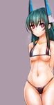  arms_behind_back bare_shoulders bikini black_bikini breasts cleavage green_hair headgear highres hips long_hair medium_breasts menou_kaname navel original purple_eyes simple_background solo string_bikini swimsuit taishi_(picchiridou) thigh_gap 