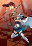  blue_hair cape cometch dual_wielding gloves hair_ornament hairclip highres holding looking_at_another magical_girl mahou_shoujo_madoka_magica miki_sayaka multiple_girls open_mouth ponytail red_eyes red_hair sakura_kyouko soul_gem sword thighhighs weapon white_gloves white_legwear 