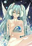  aqua_hair bird constellation earmuffs globe green_eyes half-closed_eyes hatsune_miku hoshii_hisa long_hair navel nude sitting sky solo star_(sky) starry_sky tears twintails very_long_hair vocaloid wings 