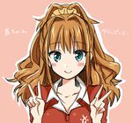  blue_eyes blush blush_stickers brown_hair double_v hino_akane_(idolmaster) idolmaster idolmaster_cinderella_girls long_hair polo_shirt ponytail school_uniform smile solo translated tsukudani_norio v 