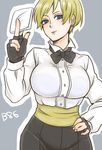  bad_id bad_pixiv_id blonde_hair blue_eyes bow bowtie breasts earrings fingerless_gloves gloves hand_on_hip handkerchief huge_breasts jewelry king_(snk) majoccoid ryuuko_no_ken sash see-through shirt short_hair smile solo the_king_of_fighters 