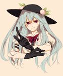  black_gloves blue_hair food fruit gloves hat hinanawi_tenshi index_finger_raised long_hair peach red_eyes shiren_(monochrome_structure) simple_background smile solo touhou upper_body 