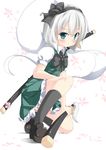  beritabo black_hairband blush bow green_eyes hairband konpaku_youmu konpaku_youmu_(ghost) scabbard sheath sheathed short_hair silver_hair skirt skirt_set solo squatting sword touhou weapon 