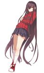 black_hair blush brown_eyes dutch_angle full_body kneehighs long_hair looking_at_viewer original ribbed_sweater shirabi shoes simple_background skirt sneakers solo standing sweater turtleneck very_long_hair white_background white_legwear 