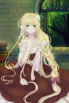  aoi_aiko bare_shoulders blonde_hair book braid corset dress flower frills gosick green_eyes hair_flower hair_ornament hair_ribbon hand_on_own_chest highres indoors long_hair looking_at_viewer parted_lips ribbon sitting solo tree very_long_hair victorica_de_blois window 
