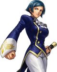  blue_eyes blue_hair breasts buttons clenched_hand cravat elisabeth_blanctorche highres jacket large_breasts official_art ogura_eisuke pants riding_crop short_hair solo the_king_of_fighters the_king_of_fighters_xiii transparent_background 