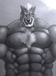  abs anthro beard biceps big big_muscles black_nose canine chest_tuft facial_hair fur green_eyes grey_fur grin hair huge_muscles lang langheise male mammal muscles nude pecs pose reclamon scar smile solo standing toned topless tuft white_hair wolf 